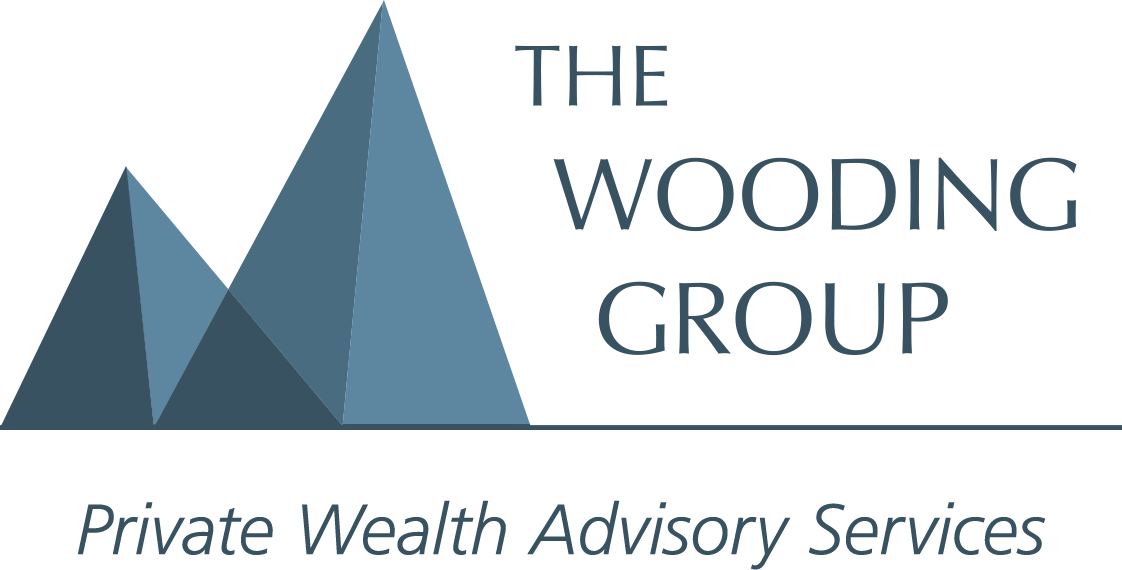 Blue text of The Wooding Group with Private wealth advisory services below and two blue peaks of different sizes to the left